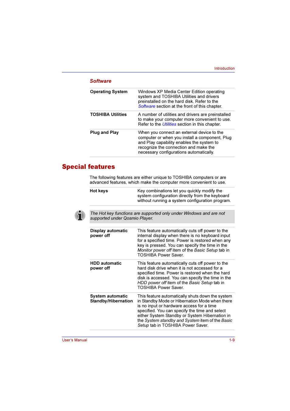 Special features, Special features -9 | Toshiba Qosmio E10 User Manual | Page 35 / 200