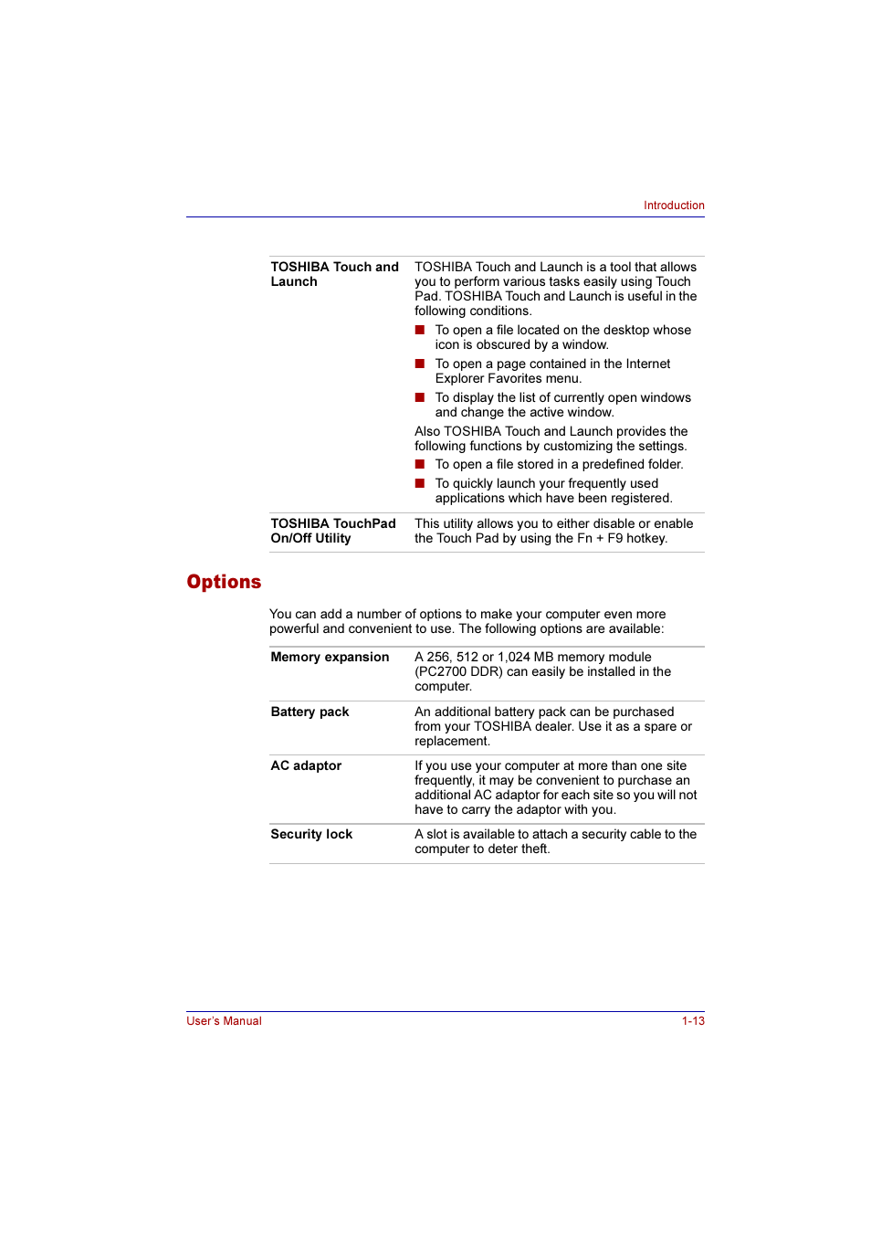 Options, Options -13 | Toshiba Qosmio E10 User Manual | Page 39 / 200