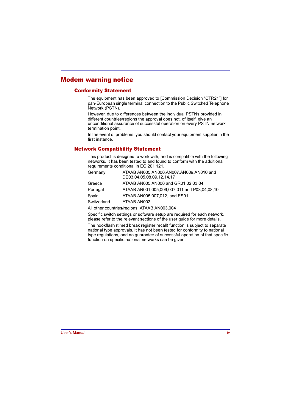 Modem warning notice | Toshiba Qosmio E10 User Manual | Page 4 / 200