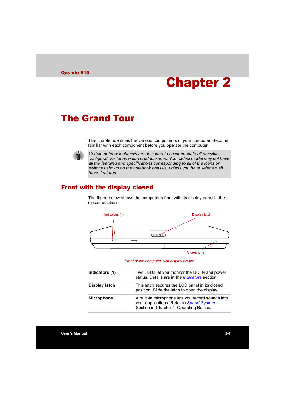 Chapter 2 the grand tour, Front with the display closed, The grand tour | Front with the display closed -1, Chapter 2 | Toshiba Qosmio E10 User Manual | Page 41 / 200