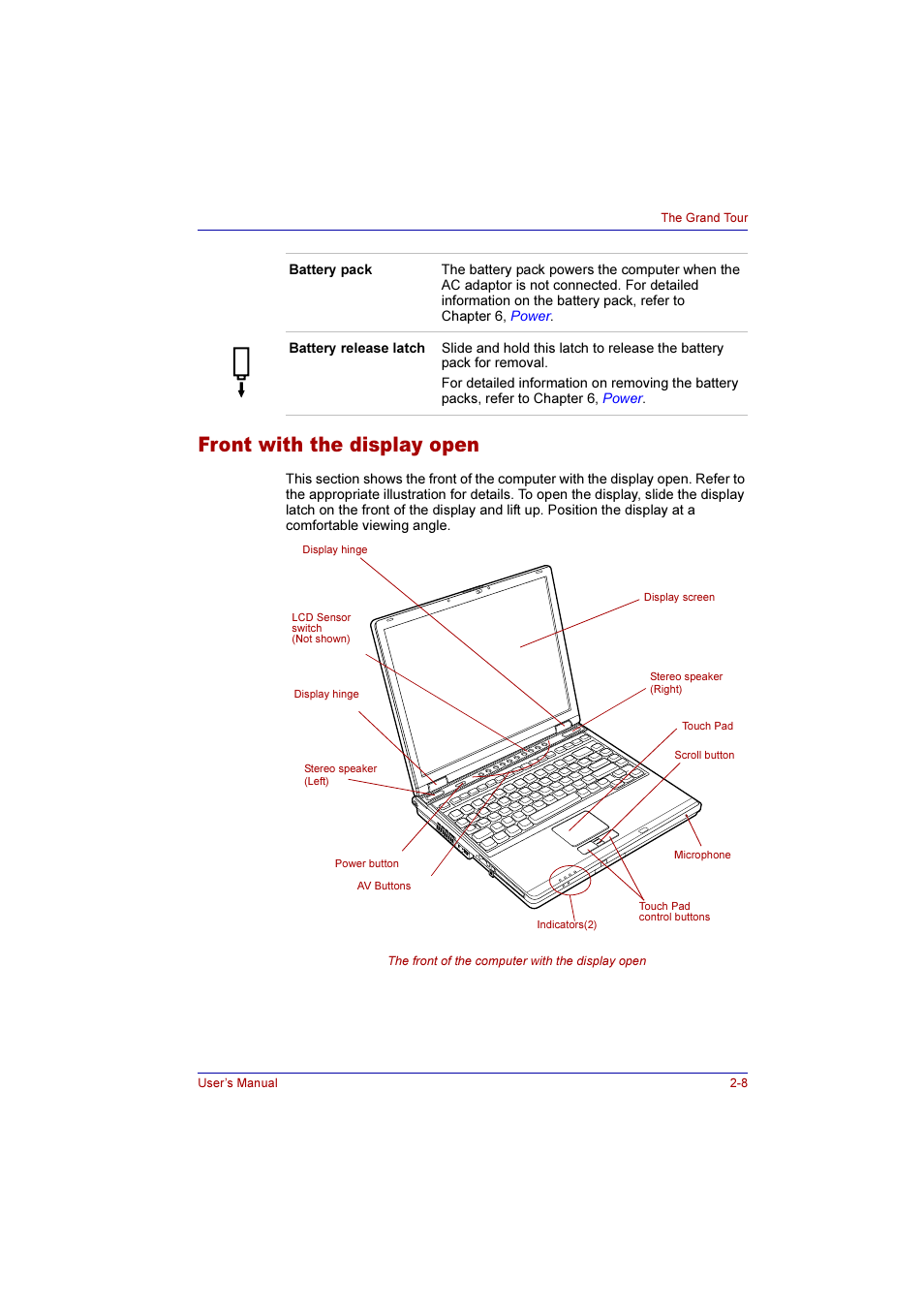 Front with the display open, Front with the display open -8 | Toshiba Qosmio E10 User Manual | Page 48 / 200