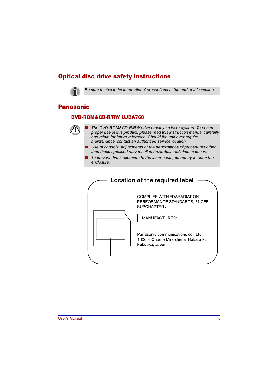 Optical disc drive safety instructions panasonic | Toshiba Qosmio E10 User Manual | Page 5 / 200