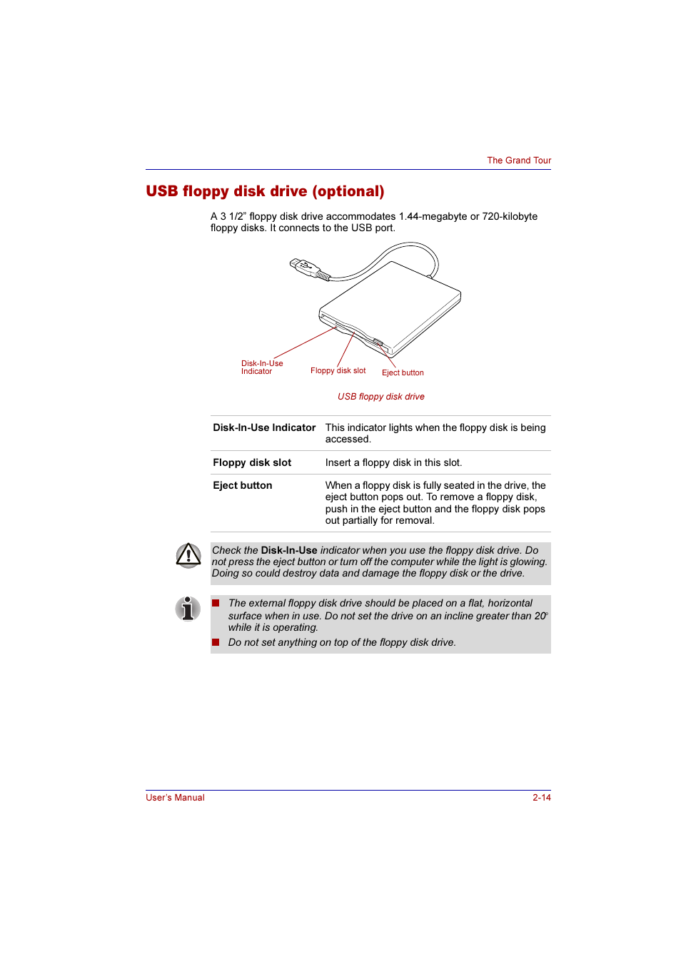 Usb floppy disk drive (optional), Usb floppy disk drive (optional) -14 | Toshiba Qosmio E10 User Manual | Page 54 / 200