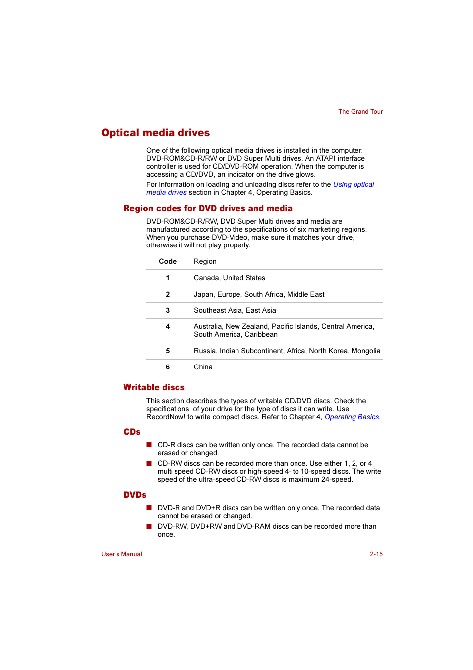 Optical media drives, Region codes for dvd drives and media, Writable discs | Dvds, Optical media drives -15 | Toshiba Qosmio E10 User Manual | Page 55 / 200