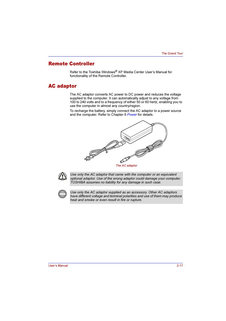 Remote controller, Ac adaptor, Remote controller -17 ac adaptor -17 | Toshiba Qosmio E10 User Manual | Page 57 / 200