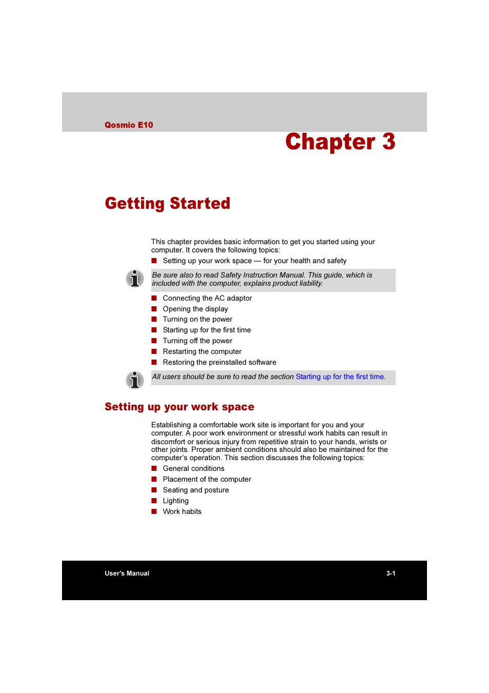 Chapter 3 getting started, Setting up your work space, Getting started | Setting up your work space -1, Chapter 3 | Toshiba Qosmio E10 User Manual | Page 58 / 200