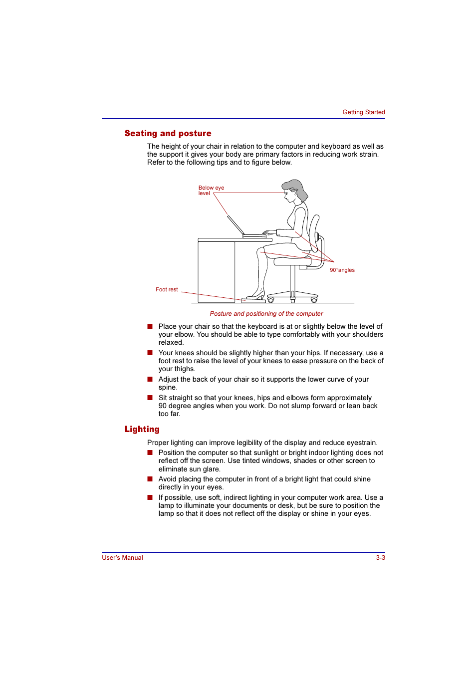 Seating and posture, Lighting, Seating and posture -3 lighting -3 | Toshiba Qosmio E10 User Manual | Page 60 / 200