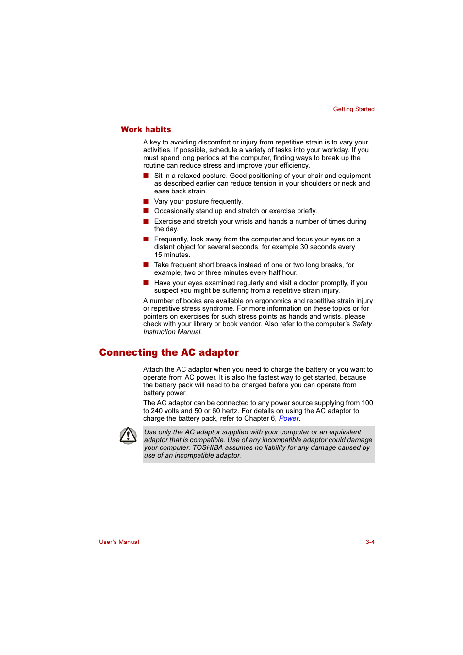 Work habits, Connecting the ac adaptor, Work habits -4 | Connecting the ac adaptor -4 | Toshiba Qosmio E10 User Manual | Page 61 / 200