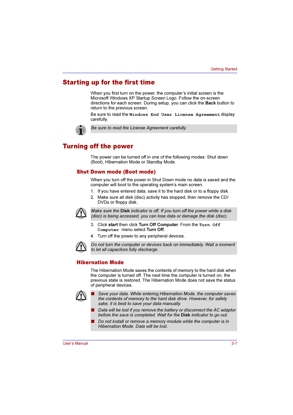 Starting up for the first time, Turning off the power, Shut down mode (boot mode) | Hibernation mode, Shut down mode (boot mode) -7 hibernation mode -7 | Toshiba Qosmio E10 User Manual | Page 64 / 200