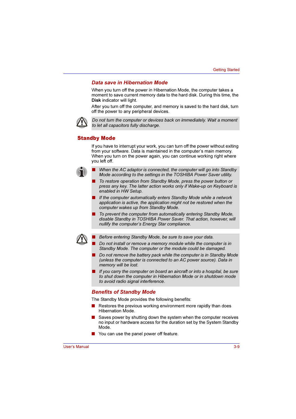 Standby mode, Standby mode -9 | Toshiba Qosmio E10 User Manual | Page 66 / 200