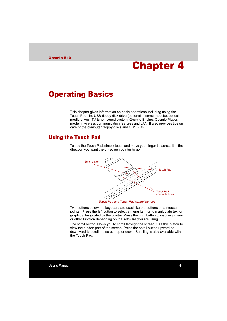 Chapter 4 operating basics, Using the touch pad, Operating basics | Using the touch pad -1, Using, The touch pad, Chapter 4 | Toshiba Qosmio E10 User Manual | Page 69 / 200