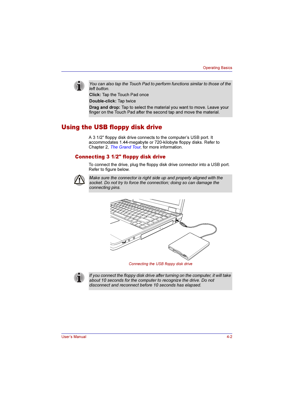 Using the usb floppy disk drive, Connecting 3 1/2" floppy disk drive, Using the usb floppy disk drive -2 | Connecting 3 1/2" floppy disk drive -2 | Toshiba Qosmio E10 User Manual | Page 70 / 200