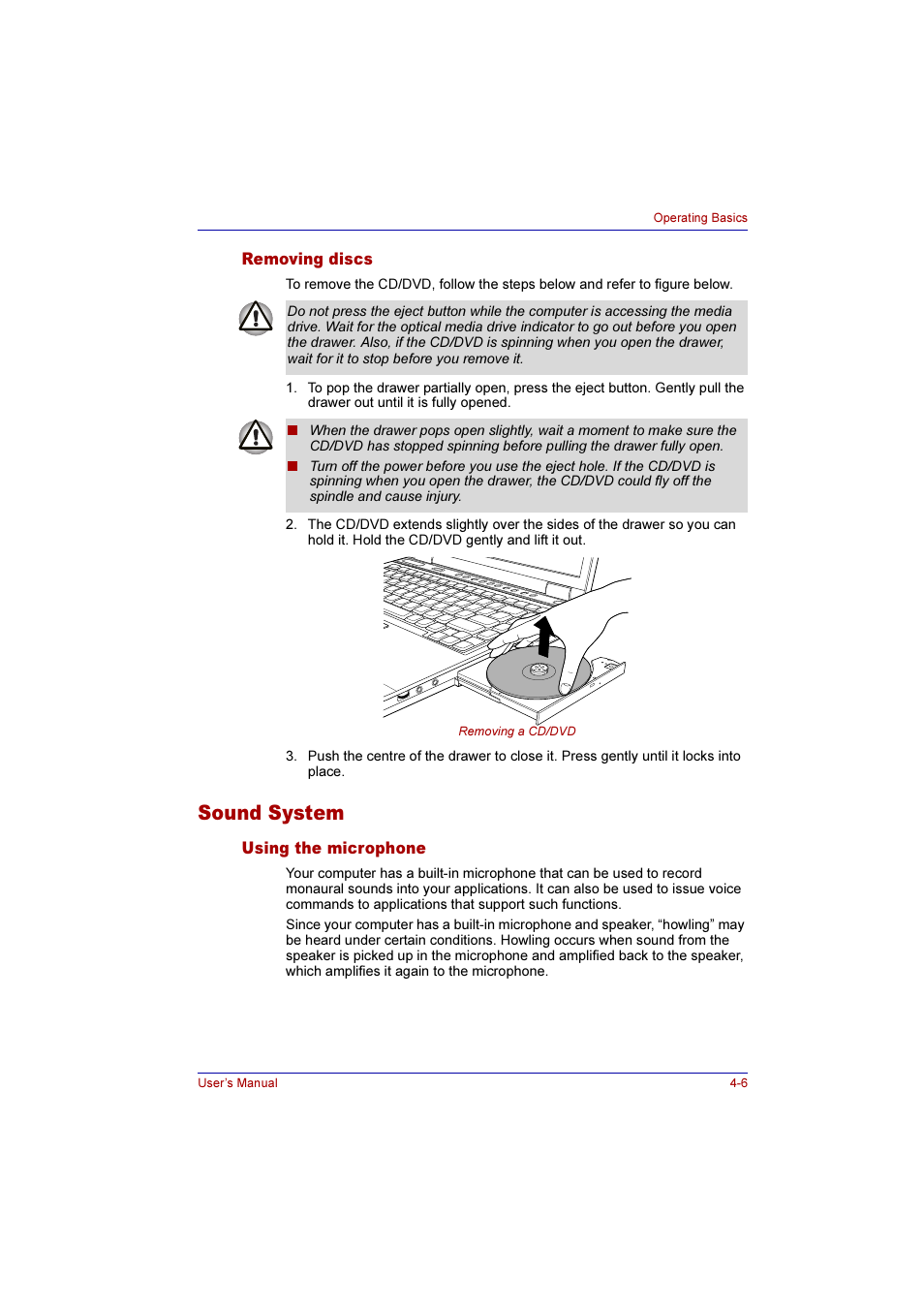 Removing discs, Sound system, Using the microphone | Removing discs -6, Sound system -6, Using the microphone -6 | Toshiba Qosmio E10 User Manual | Page 74 / 200