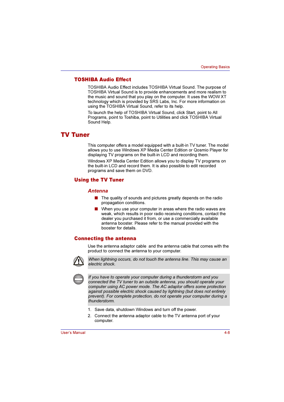 Toshiba audio effect, Tv tuner, Using the tv tuner | Connecting the antenna, Toshiba audio effect -8, Tv tuner -8, Using the tv tuner -8 connecting the antenna -8 | Toshiba Qosmio E10 User Manual | Page 76 / 200