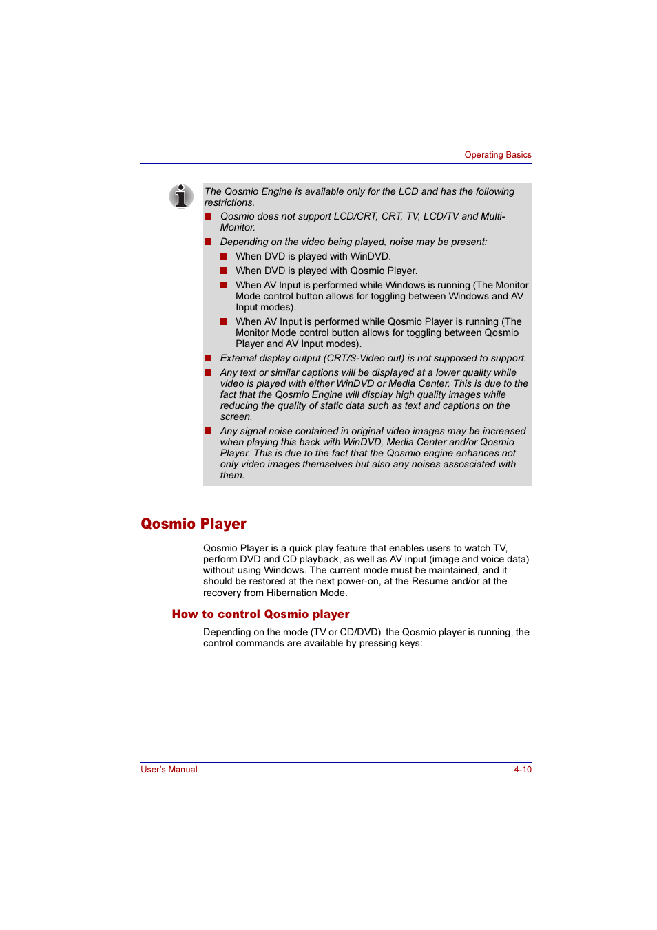 Qosmio player, How to control qosmio player, Qosmio player -10 | How to control qosmio player -10 | Toshiba Qosmio E10 User Manual | Page 78 / 200