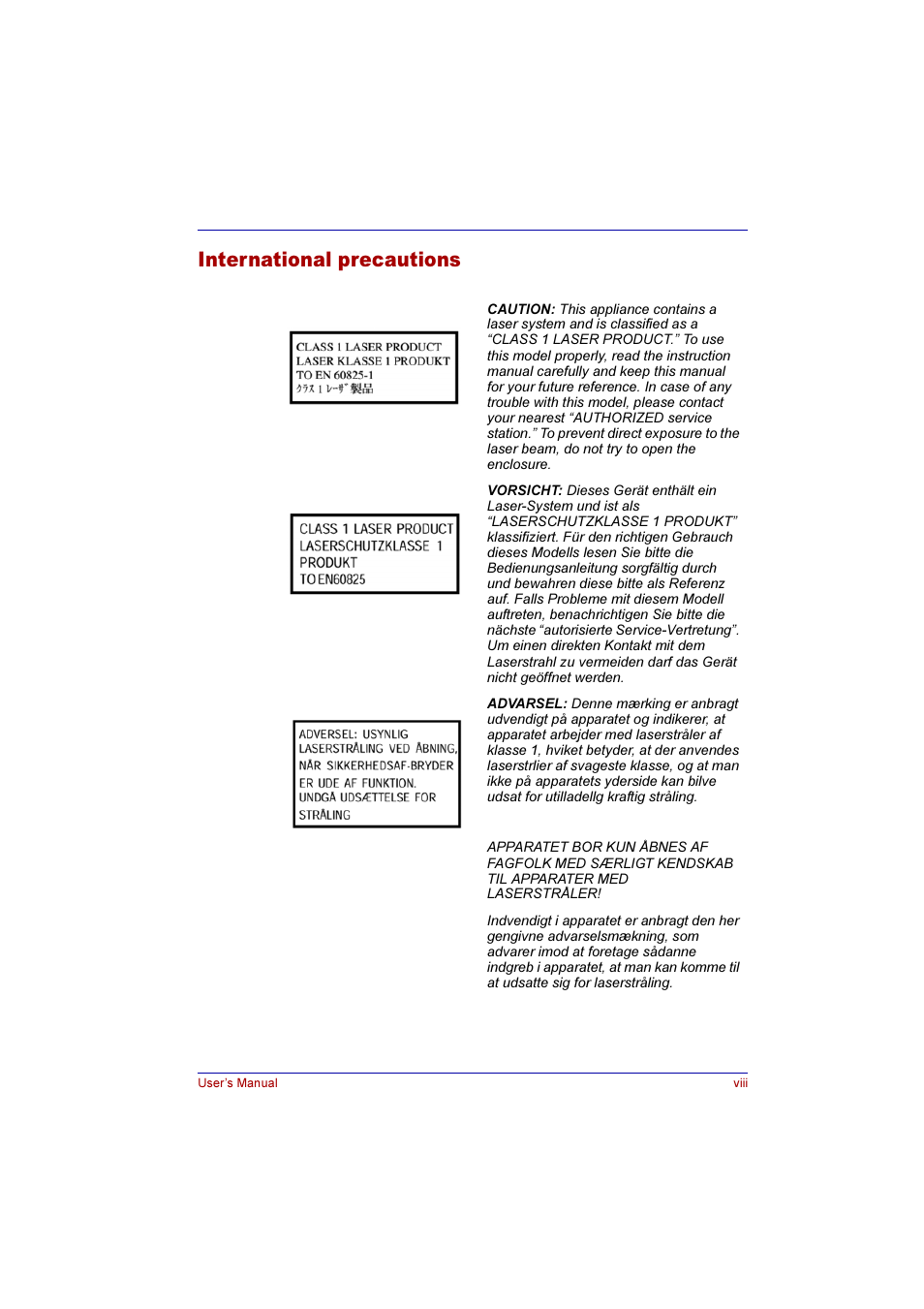 International precautions | Toshiba Qosmio E10 User Manual | Page 8 / 200