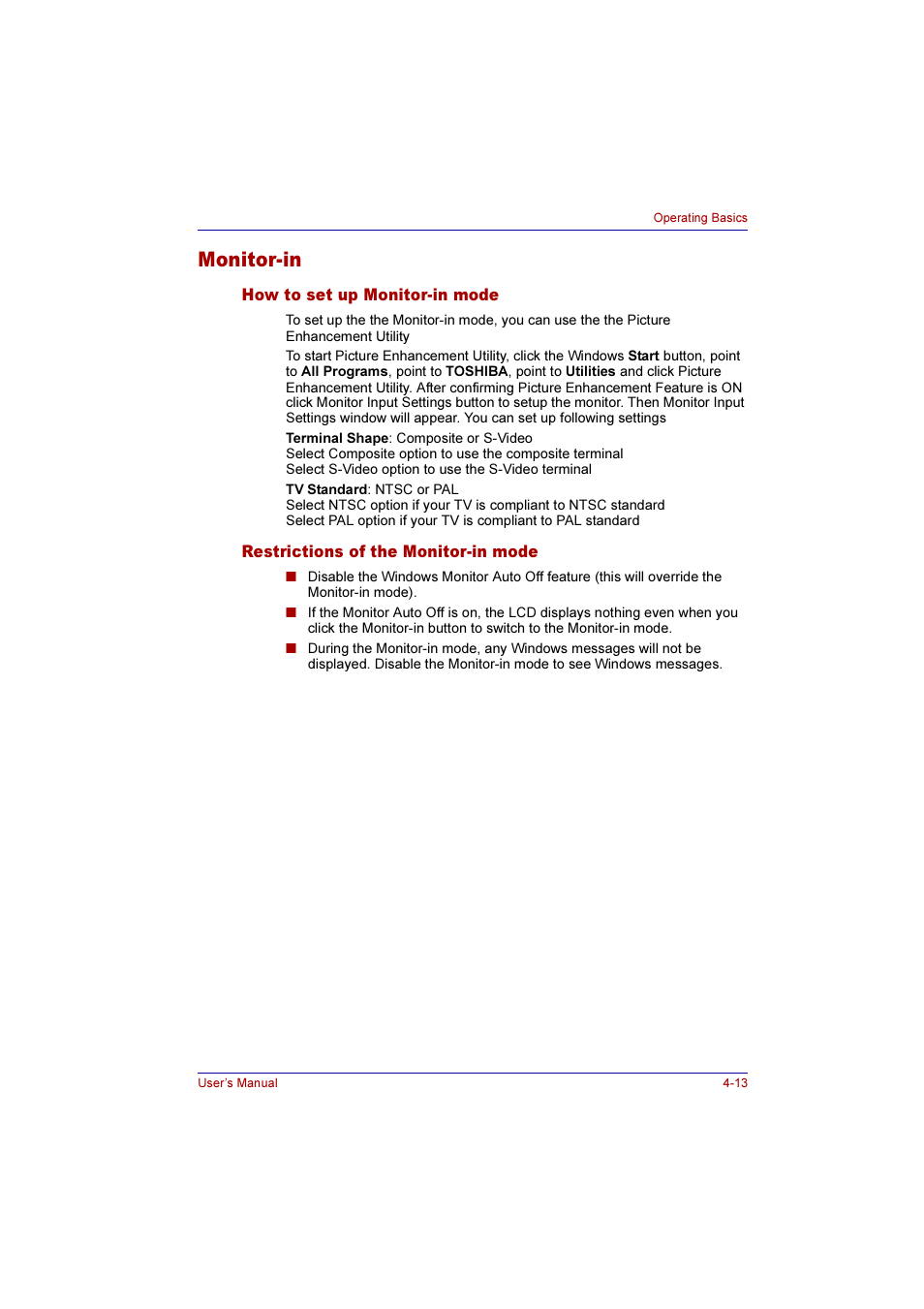 Monitor-in, How to set up monitor-in mode, Restrictions of the monitor-in mode | Monitor-in -13 | Toshiba Qosmio E10 User Manual | Page 81 / 200