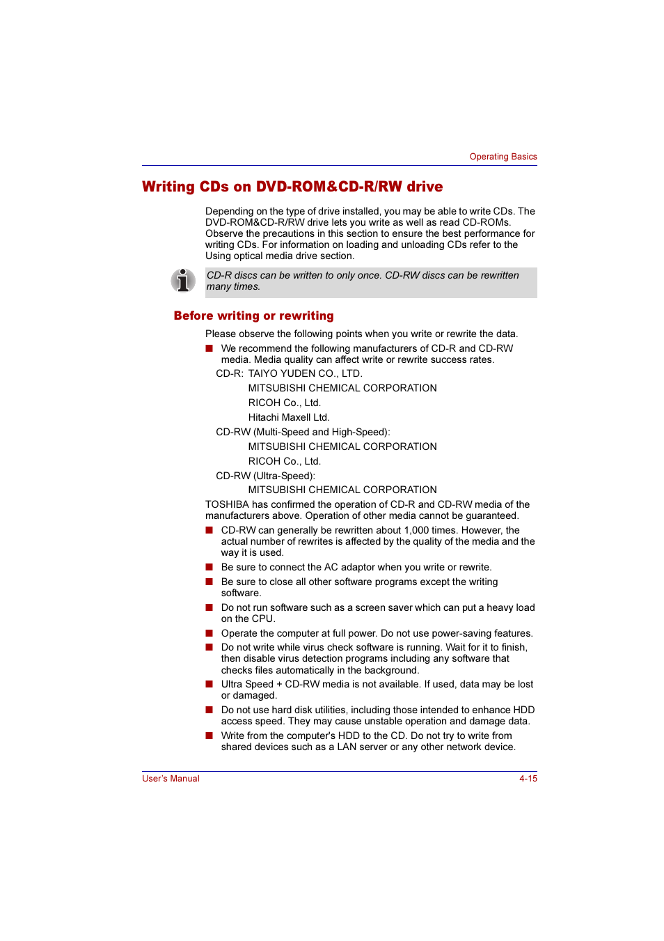 Writing cds on dvd-rom&cd-r/rw drive, Before writing or rewriting, Writing cds on dvd-rom&cd-r/rw drive -15 | Before writing or rewriting -15 | Toshiba Qosmio E10 User Manual | Page 83 / 200