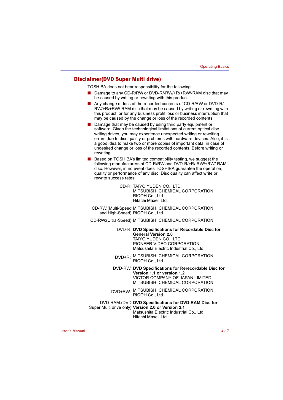 Disclaimer(dvd super multi drive), Disclaimer(dvd super multi drive) -17 | Toshiba Qosmio E10 User Manual | Page 85 / 200
