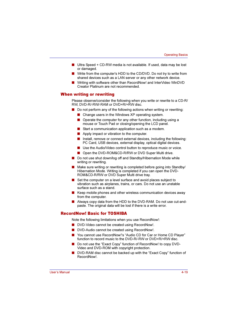 When writing or rewriting, Recordnow! basic for toshiba | Toshiba Qosmio E10 User Manual | Page 87 / 200