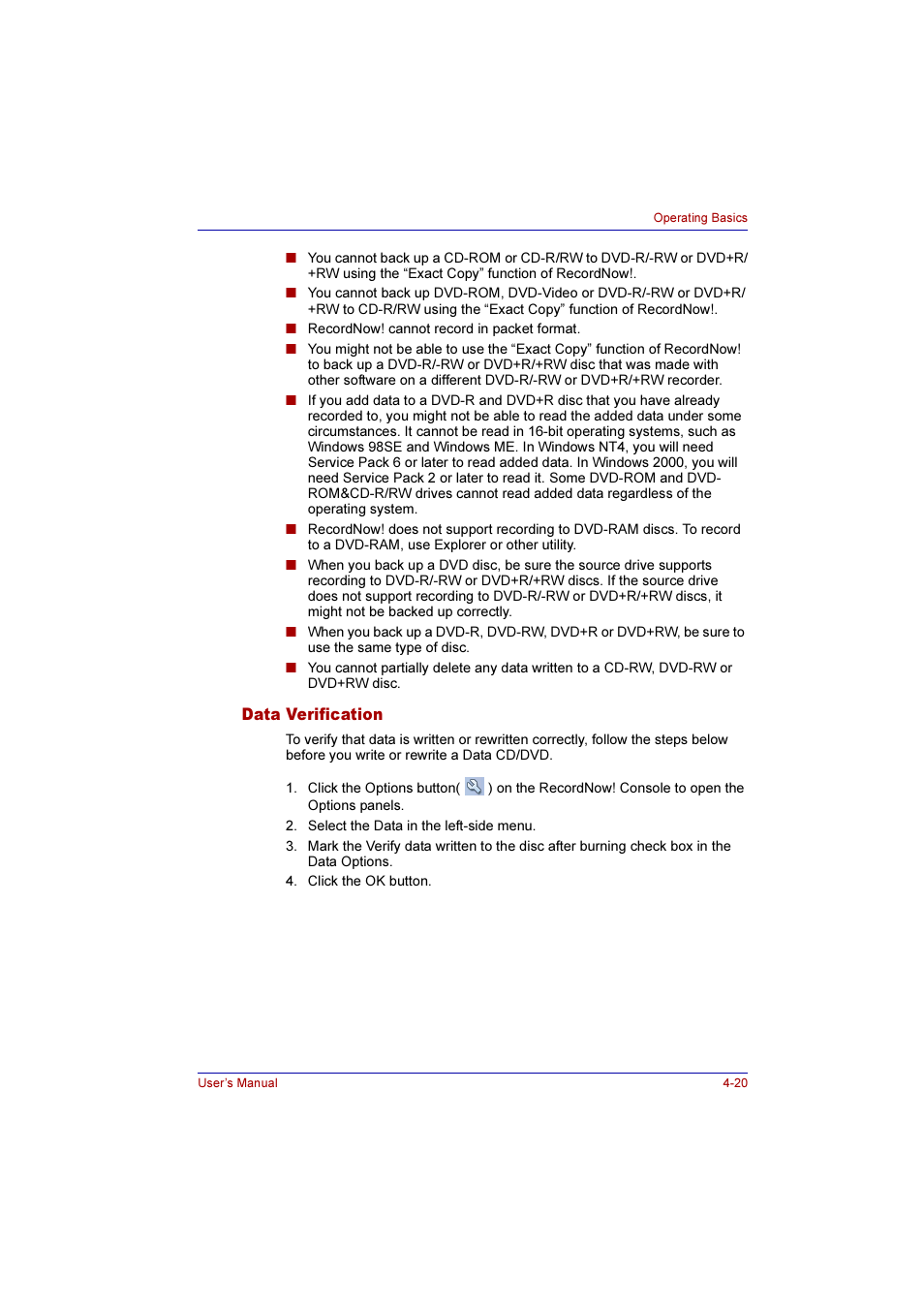 Data verification, Data verification -20 | Toshiba Qosmio E10 User Manual | Page 88 / 200