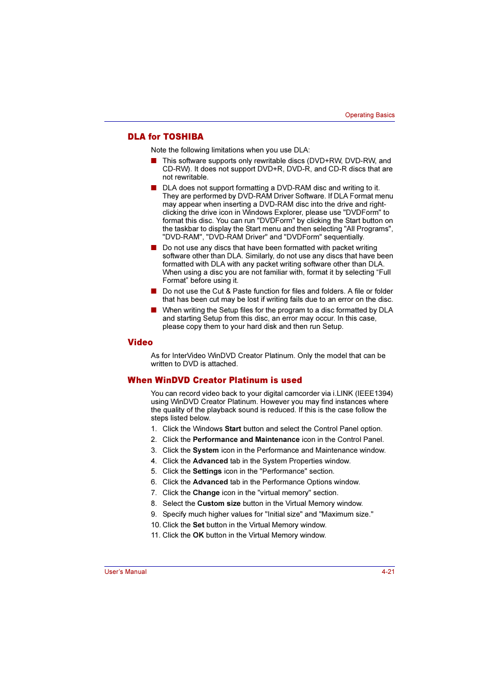 Dla for toshiba, Video, When windvd creator platinum is used | Toshiba Qosmio E10 User Manual | Page 89 / 200