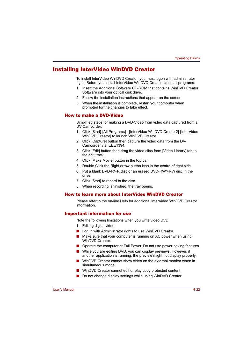 Installing intervideo windvd creator, How to make a dvd-video, How to learn more about intervideo windvd creator | Important information for use, Installing intervideo windvd creator -22 | Toshiba Qosmio E10 User Manual | Page 90 / 200