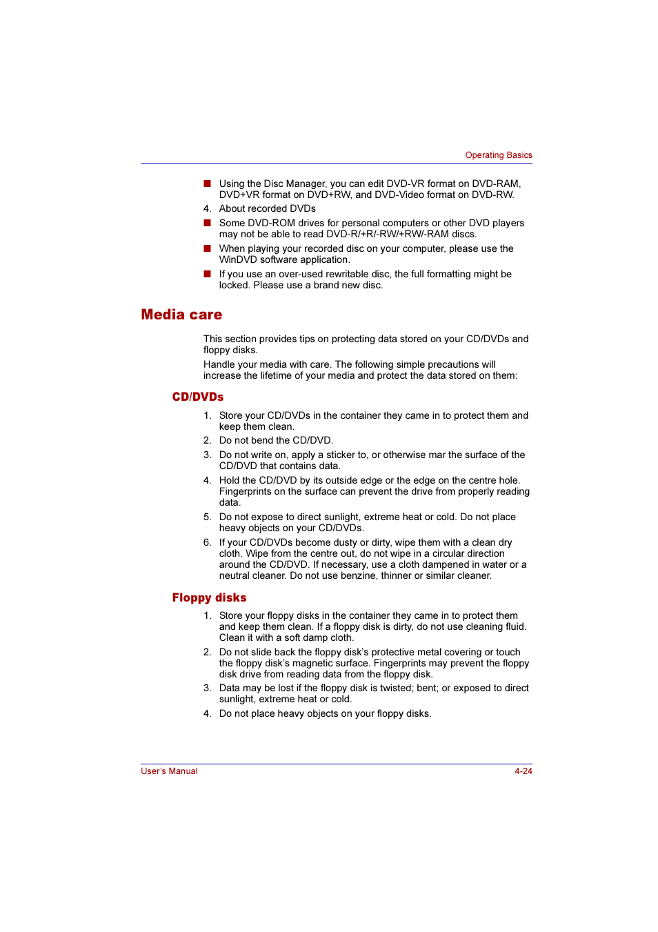 Media care, Cd/dvds, Floppy disks | Media care -24, Cd/dvds -24 floppy disks -24 | Toshiba Qosmio E10 User Manual | Page 92 / 200