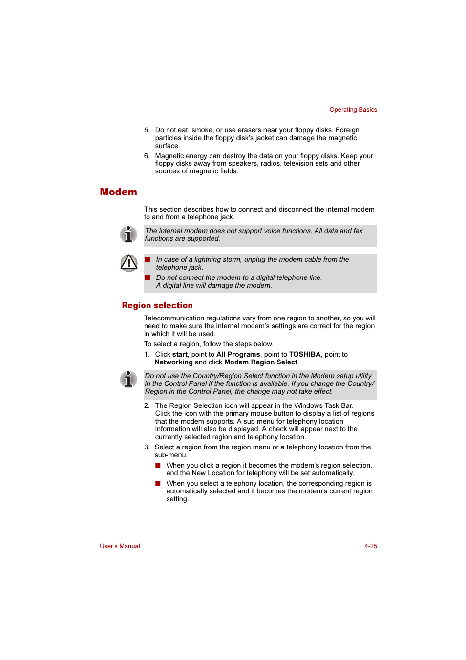 Modem, Region selection, Modem -25 | Region selection -25 | Toshiba Qosmio E10 User Manual | Page 93 / 200