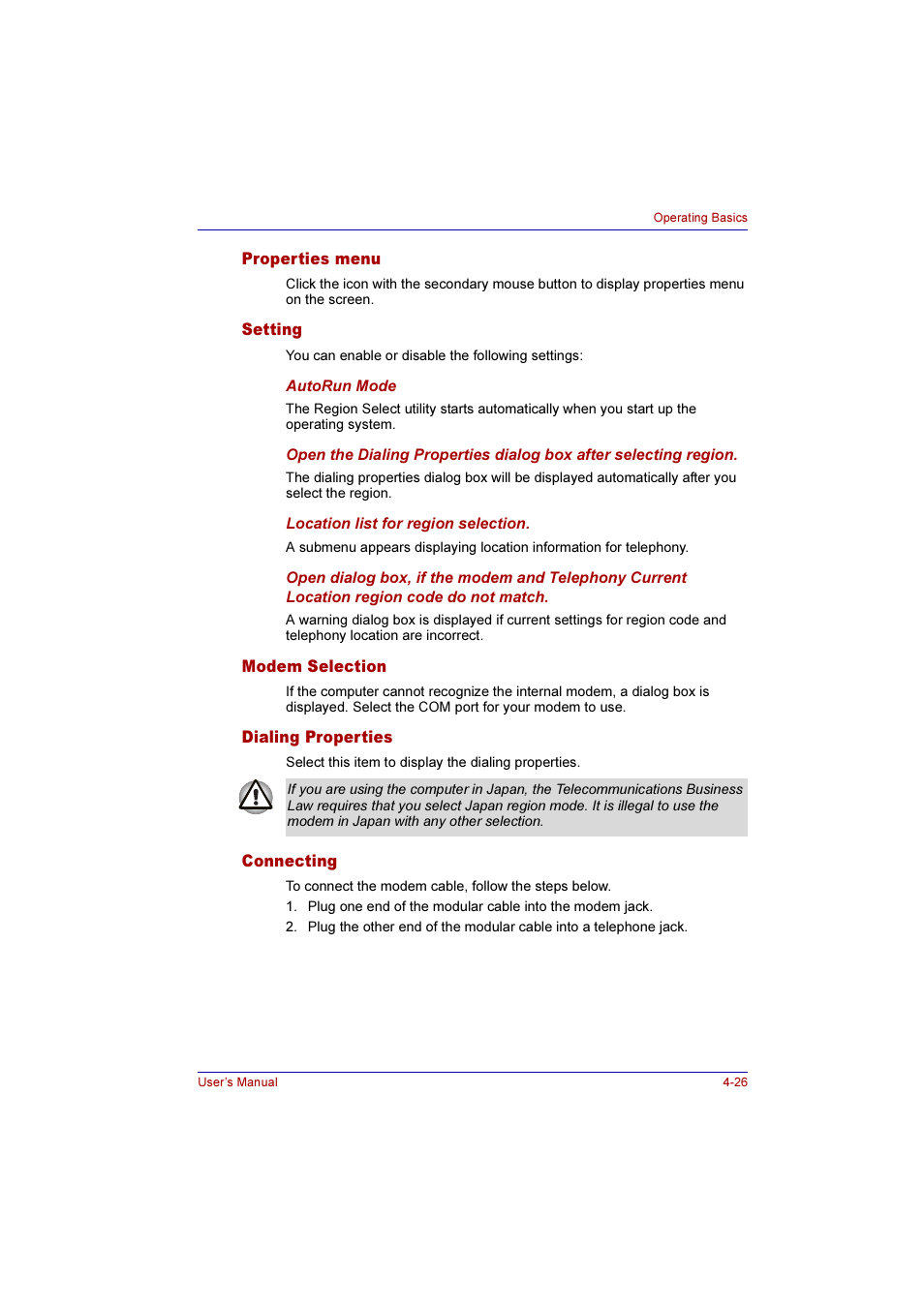 Properties menu, Setting, Modem selection | Dialing properties, Connecting | Toshiba Qosmio E10 User Manual | Page 94 / 200