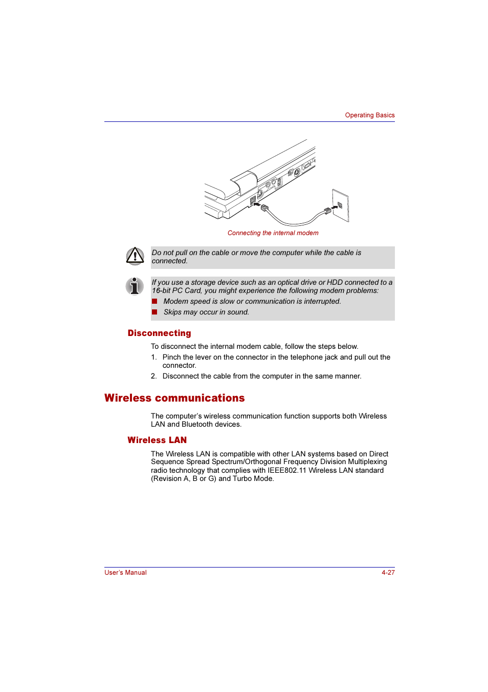 Disconnecting, Wireless communications, Wireless lan | Disconnecting -27, Wireless communications -27, Wireless lan -27 | Toshiba Qosmio E10 User Manual | Page 95 / 200