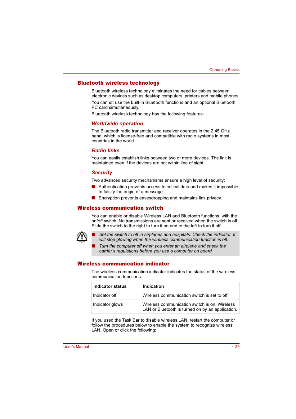 Bluetooth wireless technology, Wireless communication switch, Wireless communication indicator | Toshiba Qosmio E10 User Manual | Page 97 / 200