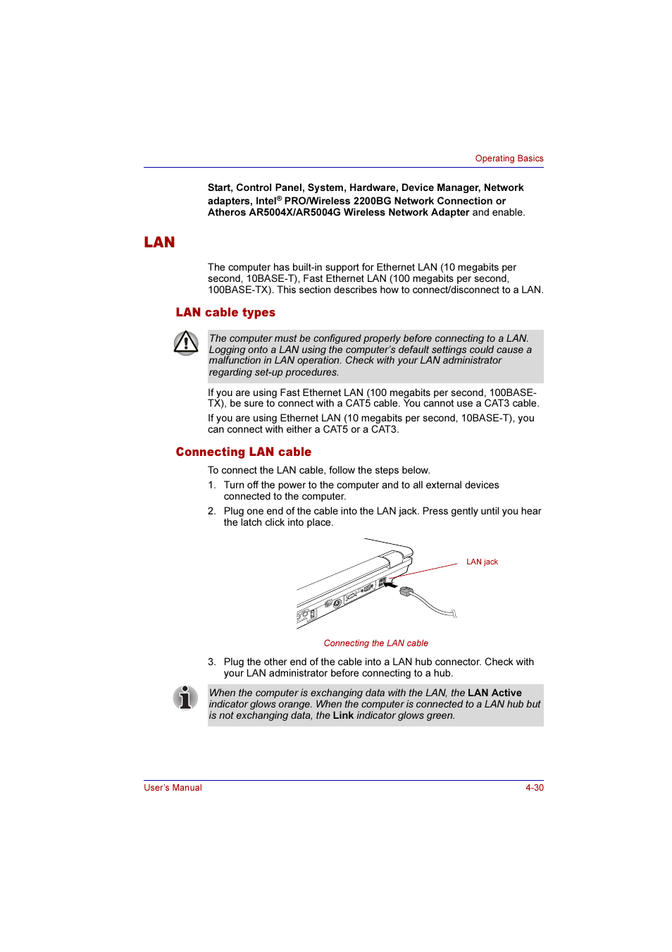 Lan cable types, Connecting lan cable, Lan -30 | Lan cable types -30 connecting lan cable -30 | Toshiba Qosmio E10 User Manual | Page 98 / 200