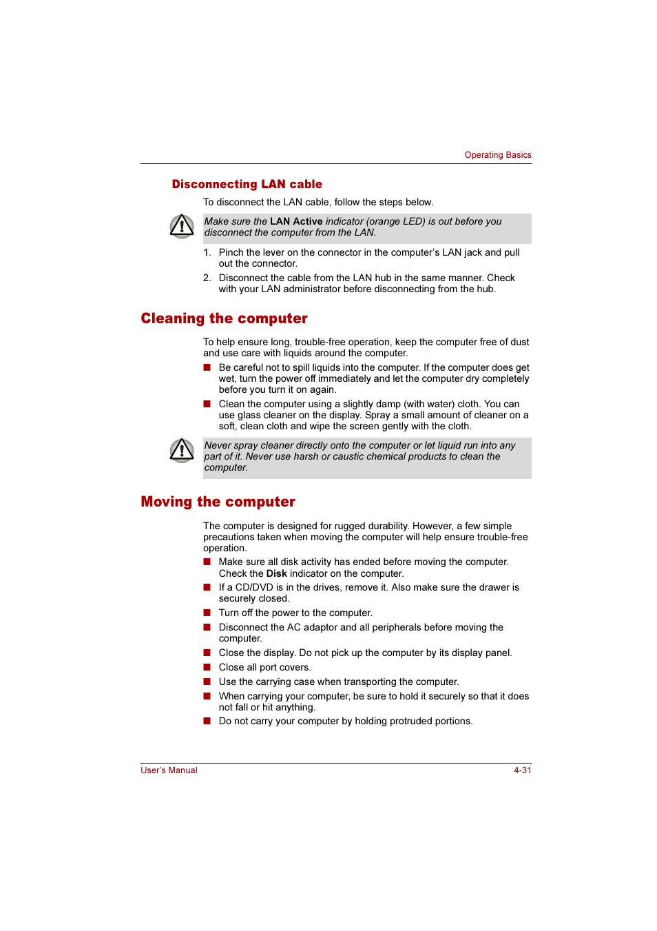 Disconnecting lan cable, Cleaning the computer, Moving the computer | Disconnecting lan cable -31, Cleaning the computer -31 moving the computer -31 | Toshiba Qosmio E10 User Manual | Page 99 / 200