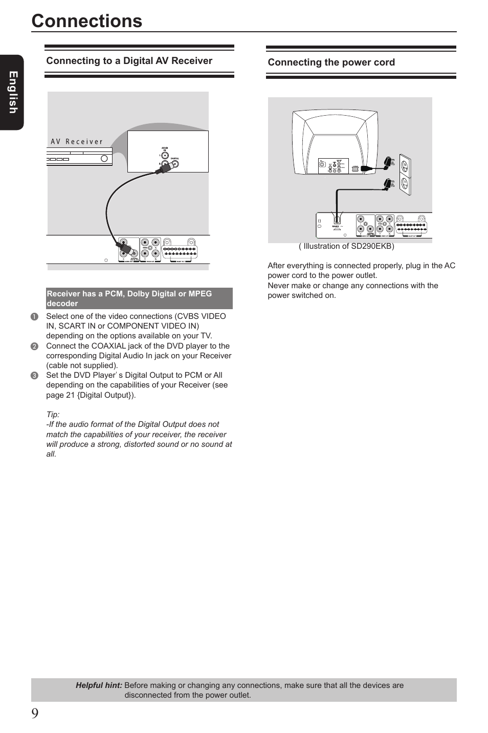 Connections, Eng lis h | Toshiba SD290 User Manual | Page 10 / 28