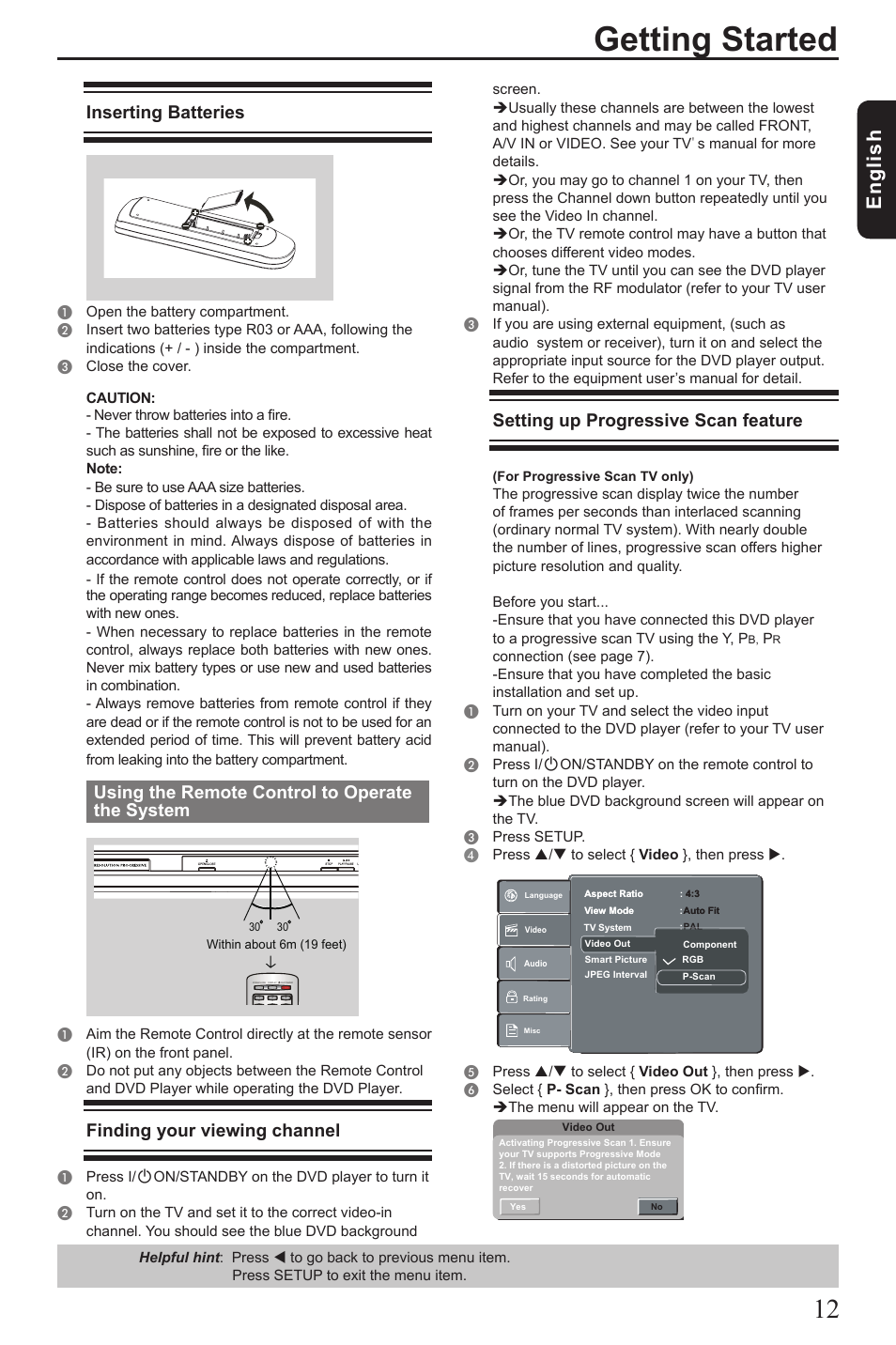 Getting started, Eng lis h, Inserting batteries | Using the remote control to operate the system, Finding your viewing channel, Setting up progressive scan feature | Toshiba SD290 User Manual | Page 13 / 28