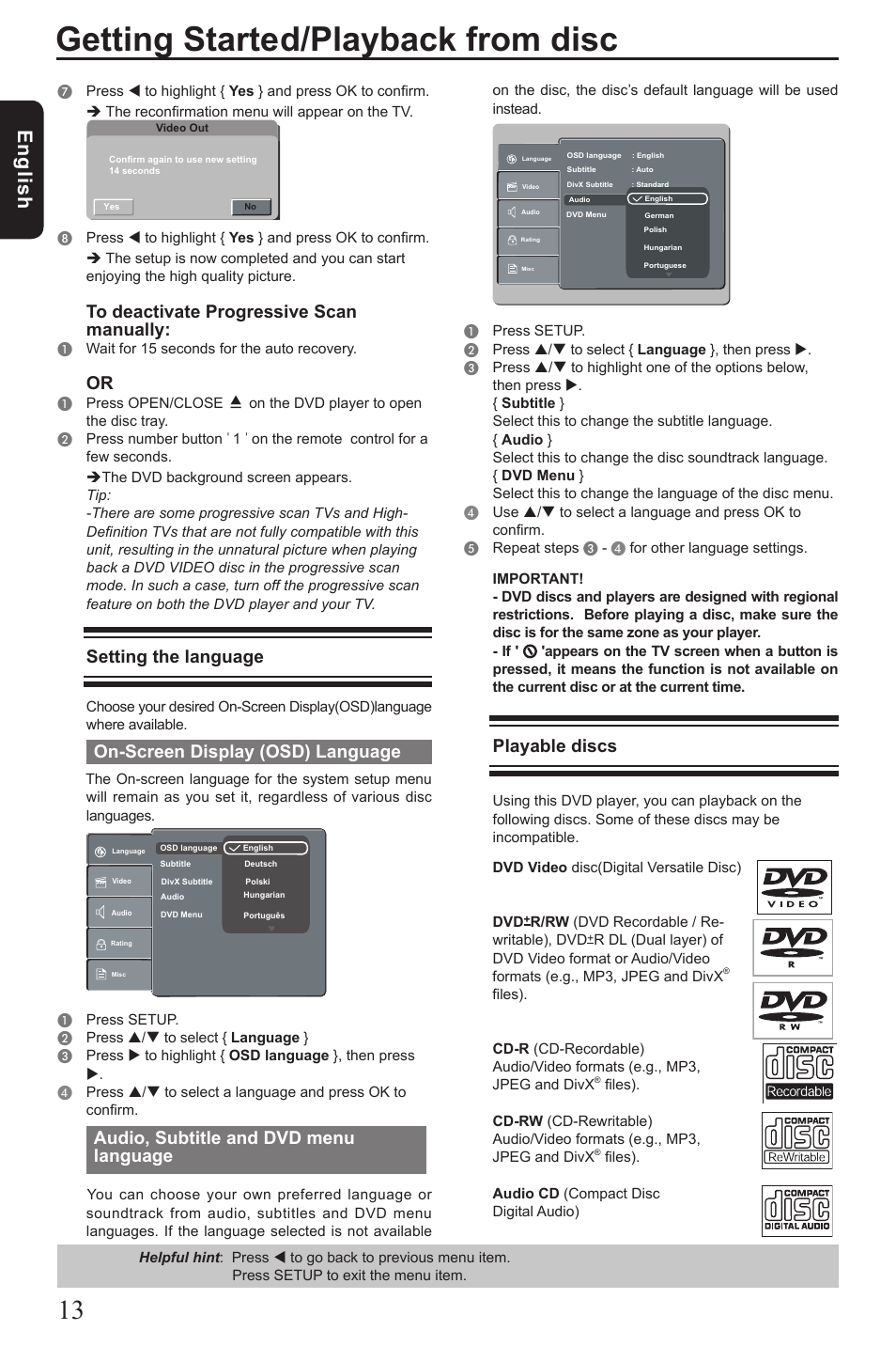 Getting started/playback from disc, Eng lis h, Setting the language | On-screen display (osd) language, Audio, subtitle and dvd menu language, Playable discs | Toshiba SD290 User Manual | Page 14 / 28