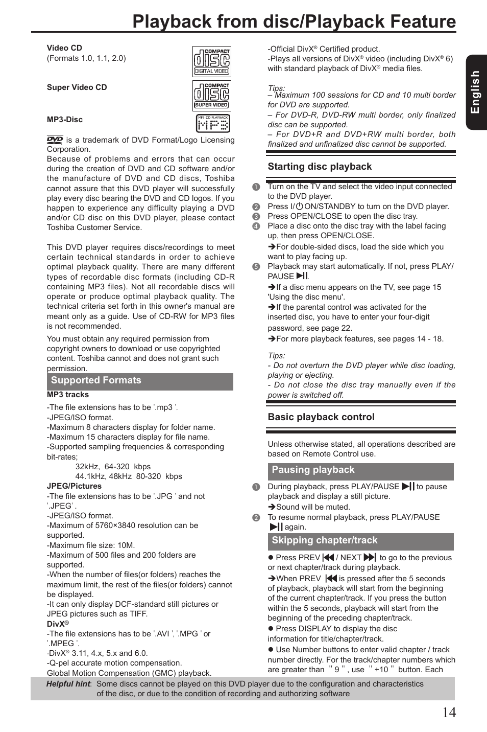 Playback from disc/playback feature, Eng lis h, Supported formats | Starting disc playback, Basic playback control, Pausing playback, Skipping chapter/track | Toshiba SD290 User Manual | Page 15 / 28