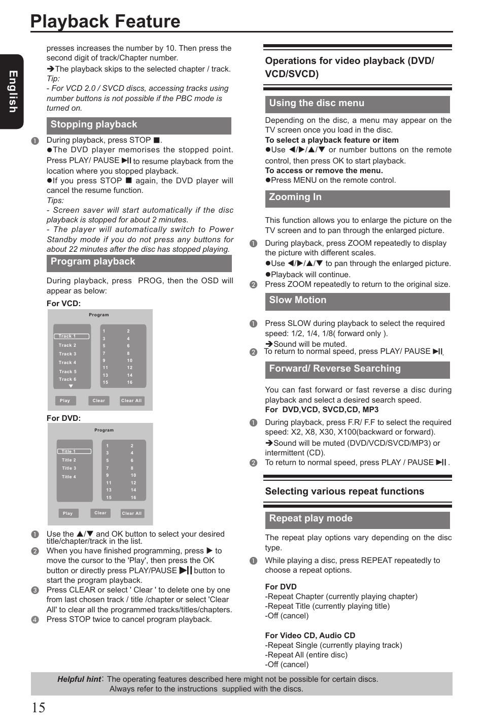 Playback feature, Eng lis h, Stopping playback | Program playback, Operations for video playback (dvd/ vcd/svcd), Using the disc menu, Zooming in, Slow motion, Forward/ reverse searching, Selecting various repeat functions | Toshiba SD290 User Manual | Page 16 / 28