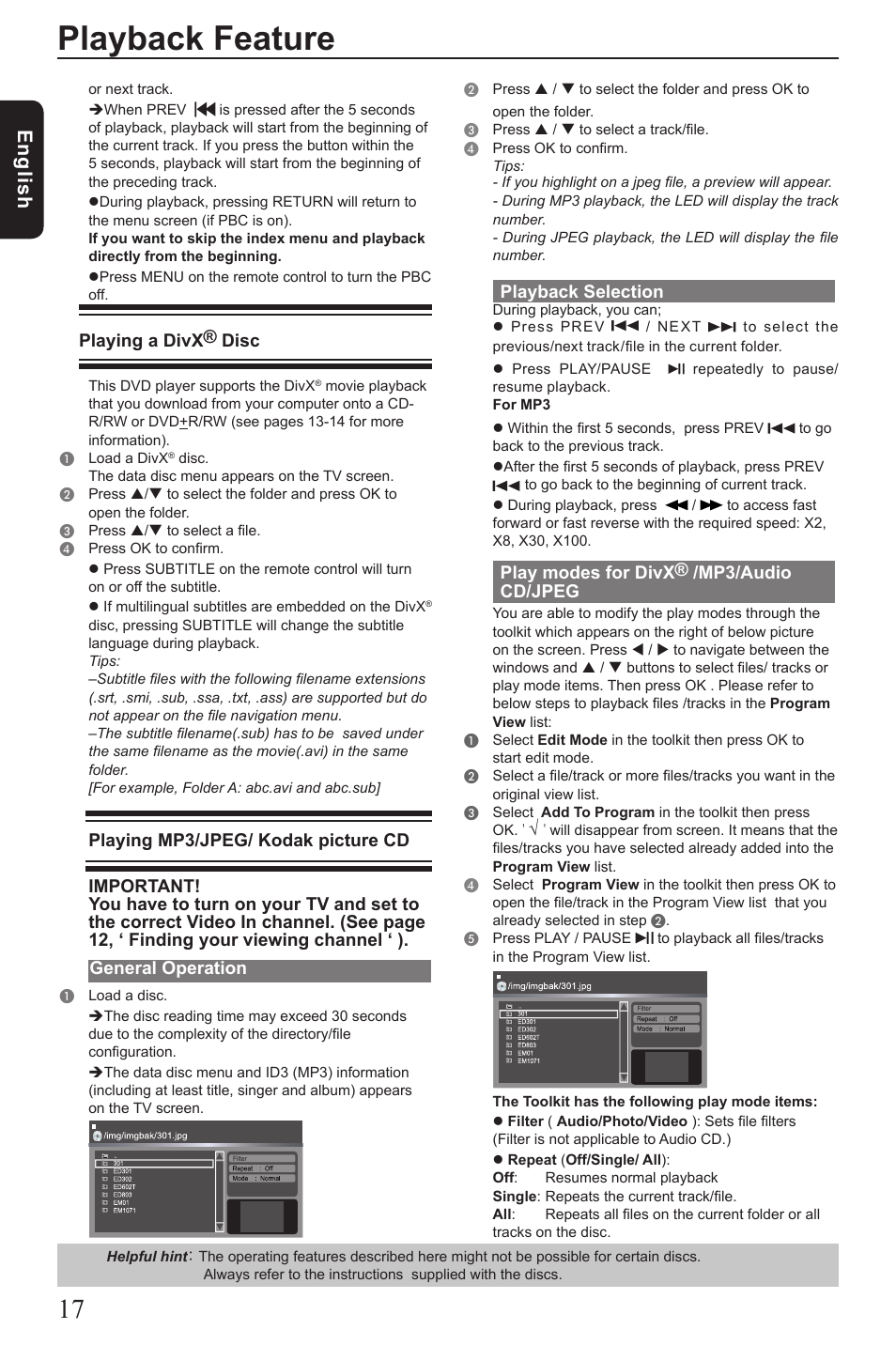 Playback feature, Eng lis h, Playback selection | Play modes for divx® /mp3/audio cd/jpeg, Playing a divx® disc, General operation | Toshiba SD290 User Manual | Page 18 / 28