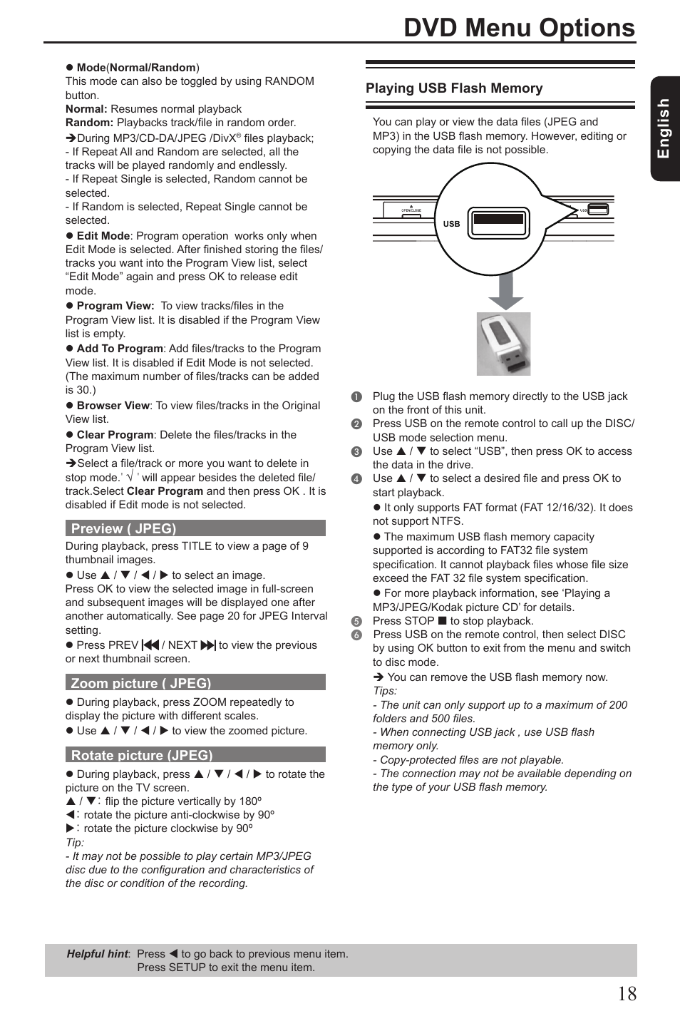 Dvd menu options, Eng lis h, Preview ( jpeg) | Zoom picture ( jpeg), Rotate picture (jpeg) | Toshiba SD290 User Manual | Page 19 / 28