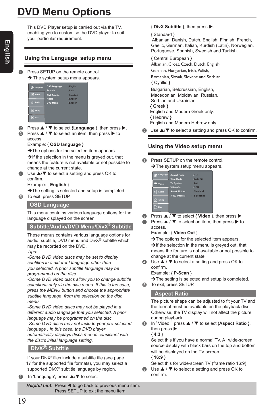Dvd menu options, Eng lis h, Using the language setup menu | Osd language, Divx® subtitle, Using the video setup menu, Aspect ratio, Subtitle/audio/dvd menu/divx, Subtitle | Toshiba SD290 User Manual | Page 20 / 28