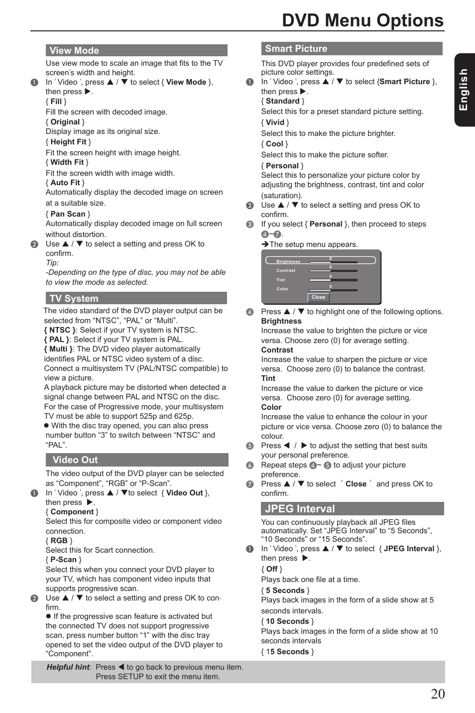 Dvd menu options, Eng lis h, Jpeg interval | View mode, Tv system, Video out, Smart picture | Toshiba SD290 User Manual | Page 21 / 28