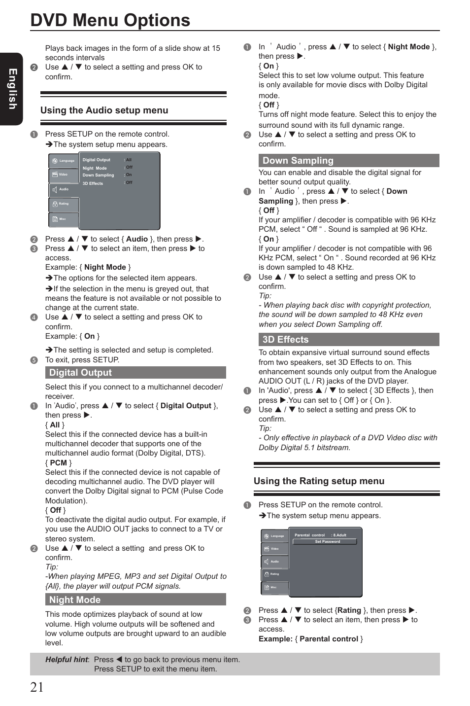 Dvd menu options, Eng lis h, Using the audio setup menu | Digital output, Night mode, Down sampling, 3d effects, Using the rating setup menu | Toshiba SD290 User Manual | Page 22 / 28