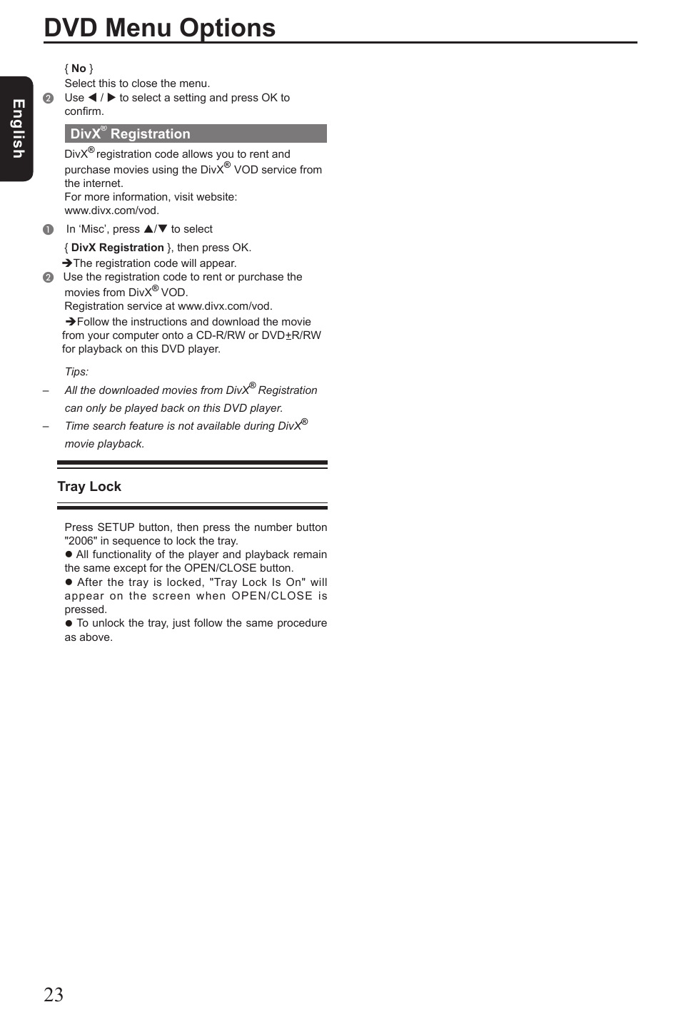 Dvd menu options, Eng lis h, Divx | Registration, Tray lock | Toshiba SD290 User Manual | Page 24 / 28