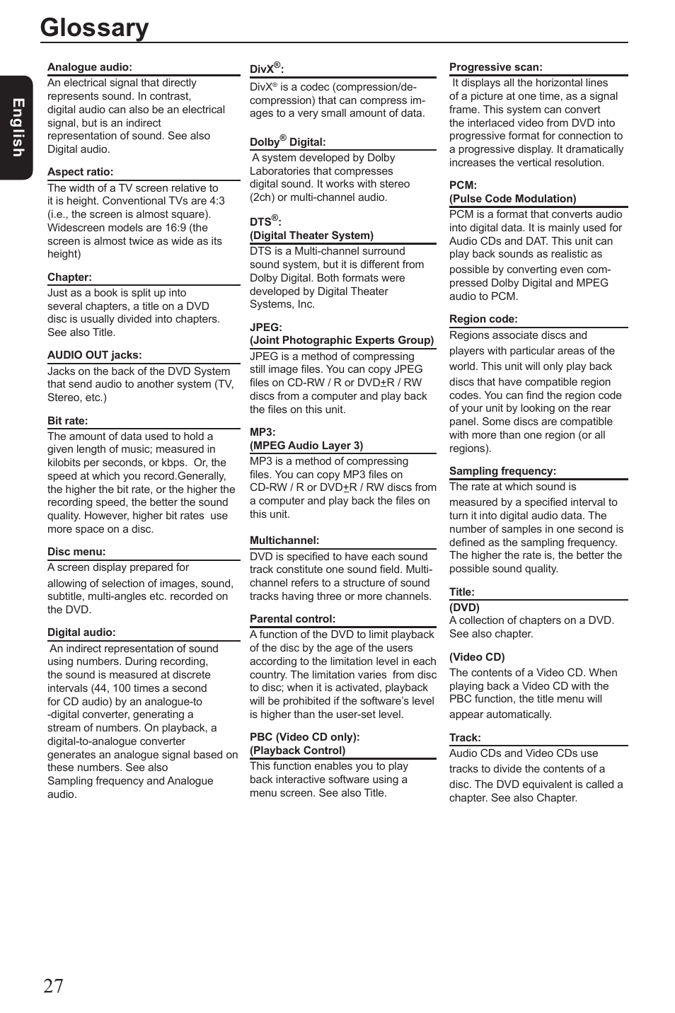 Glossary, Eng lis h | Toshiba SD290 User Manual | Page 28 / 28