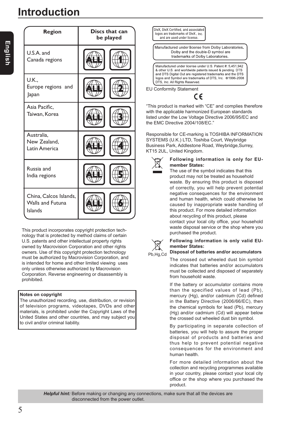 Introduction | Toshiba SD290 User Manual | Page 6 / 28
