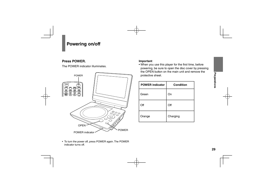 Powering on/off | Toshiba SDP95S User Manual | Page 29 / 74