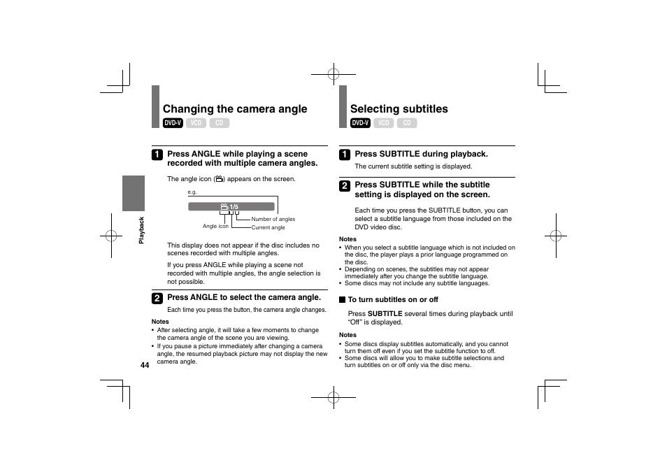 Changing the camera angle selecting subtitles | Toshiba SDP95S User Manual | Page 44 / 74