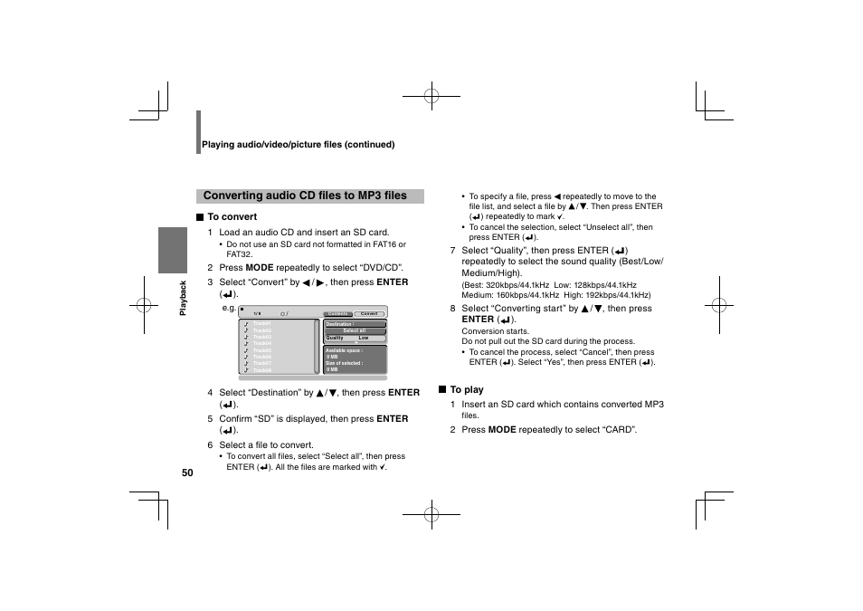Converting audio cd files to mp3 files | Toshiba SDP95S User Manual | Page 50 / 74